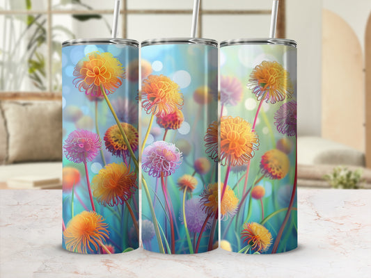 Three tumblers with a colorful floral dandelion design.