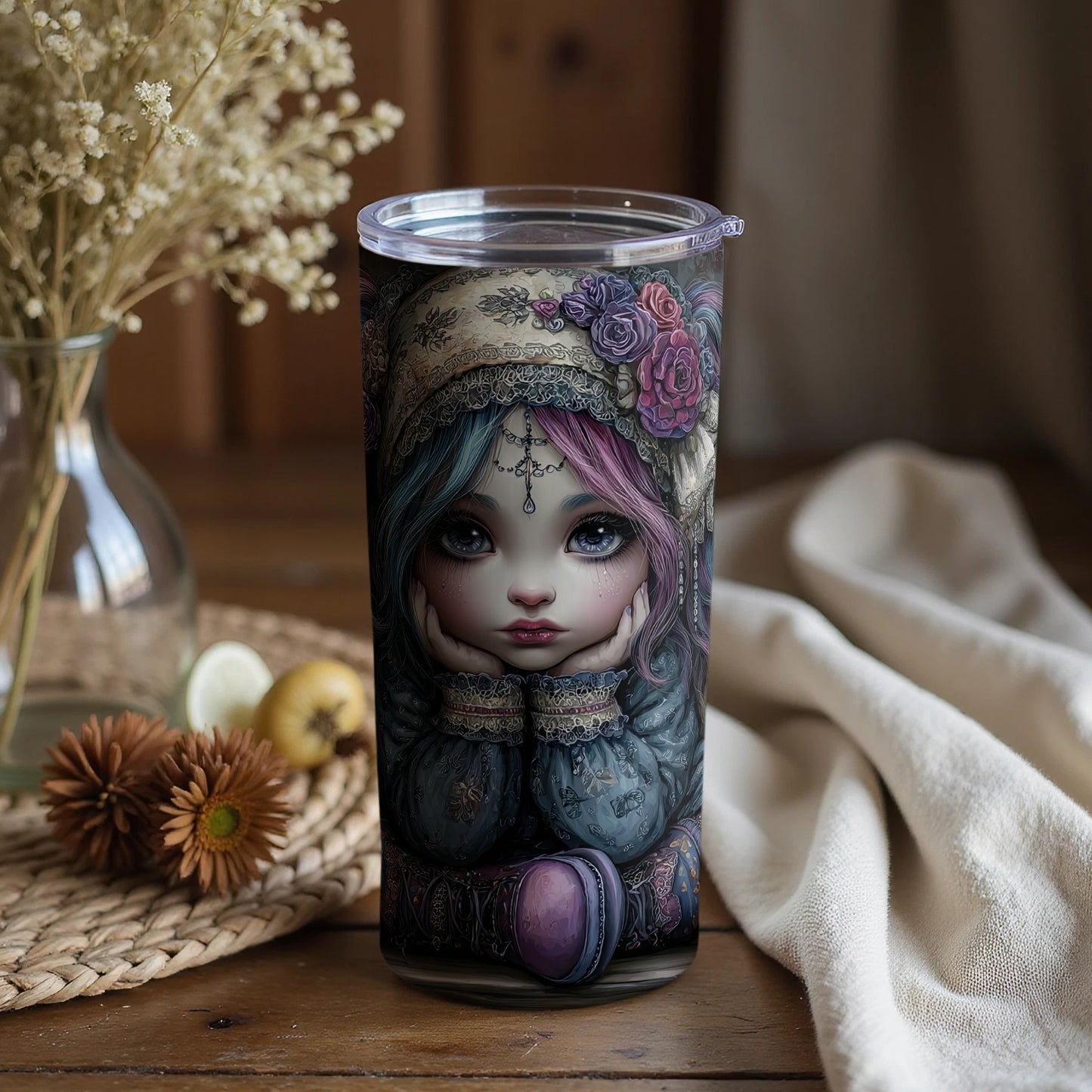 Enchanting Doll Artwork Design Tumbler Ideal for Fantasy Fans