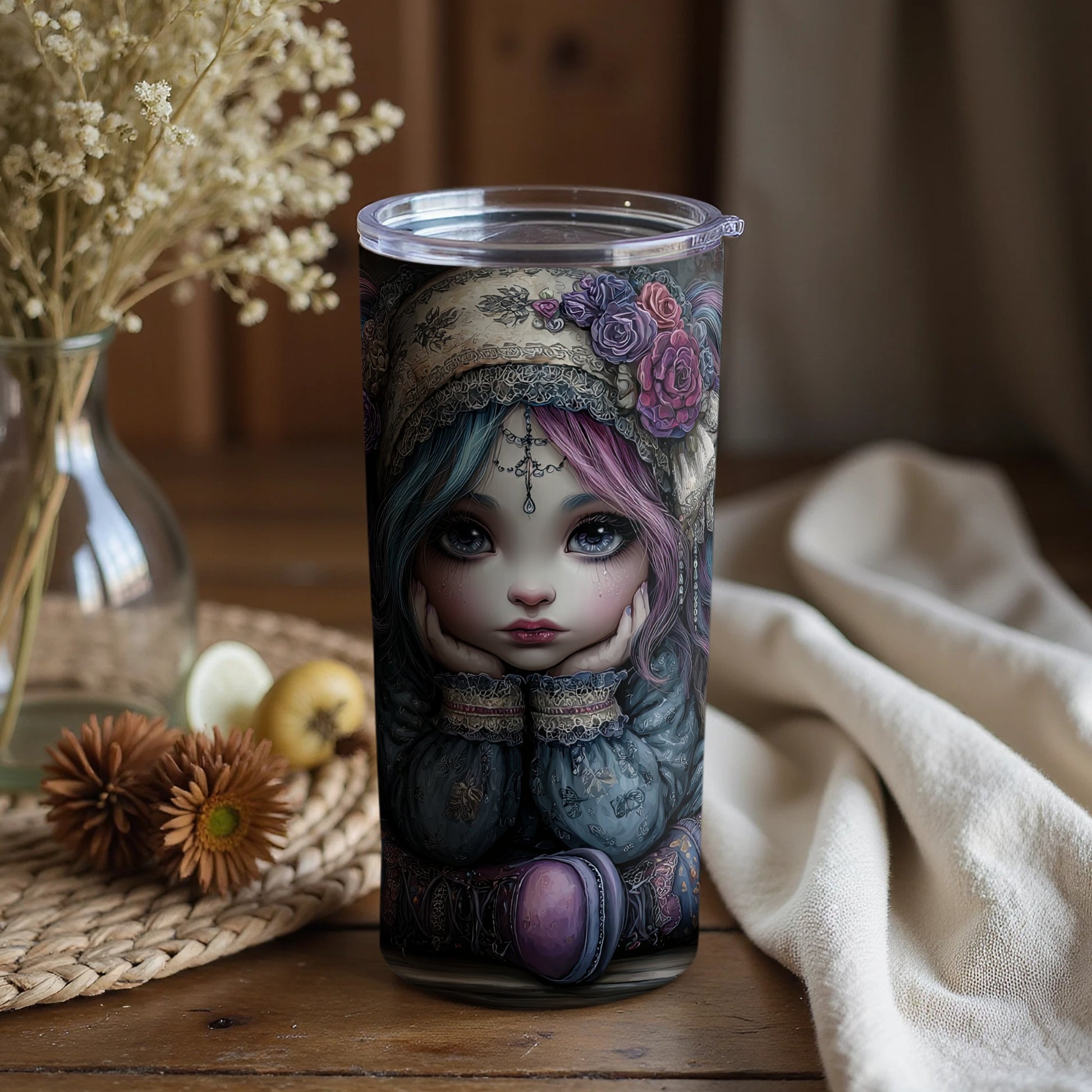 Enchanting Doll Artwork Design Tumbler Ideal for Fantasy Fans