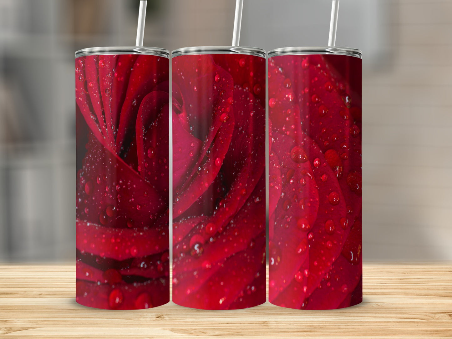 Red Rose Petals With Water Droplets Floral Image Tumblers