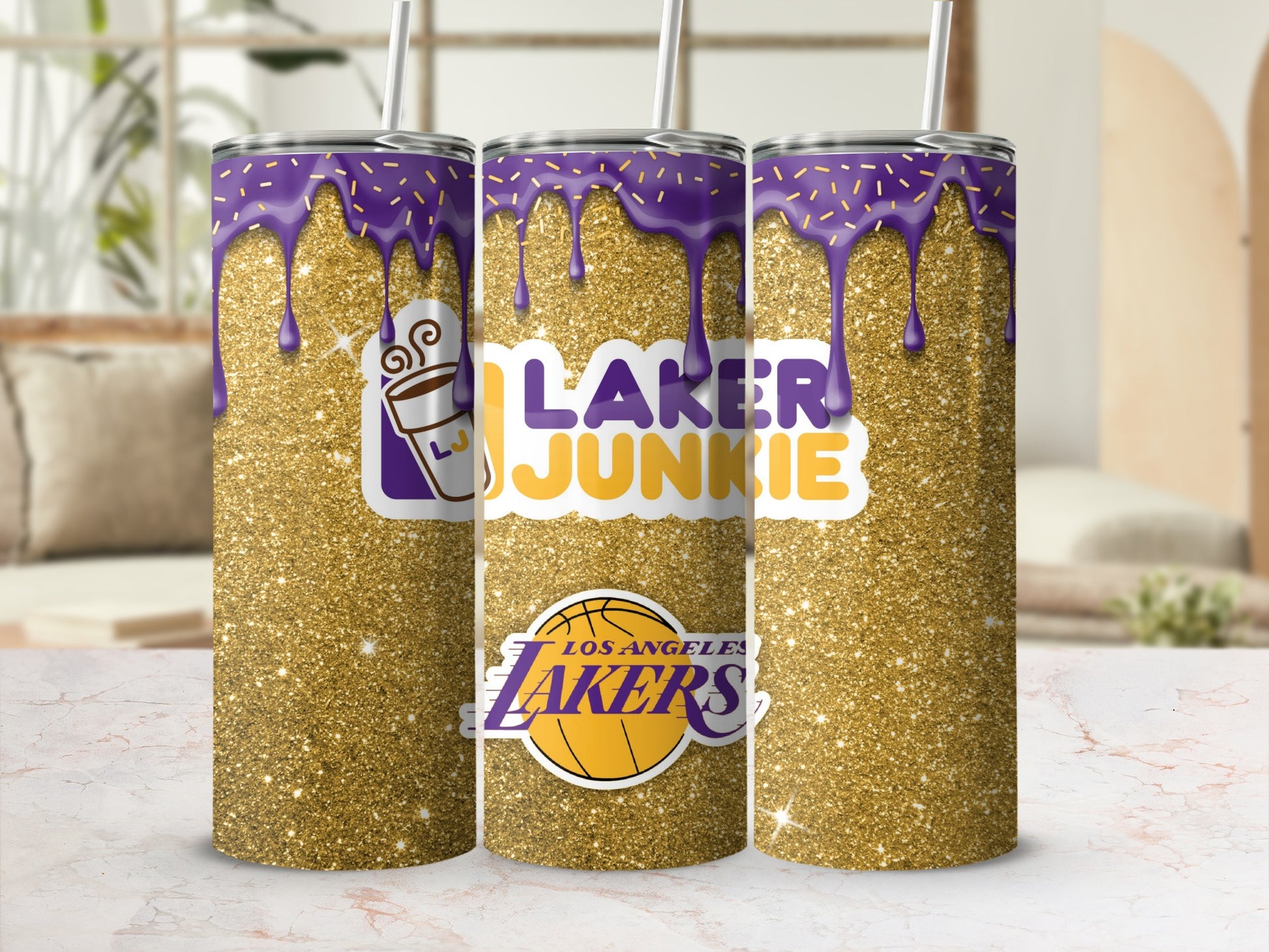 Laker Junkie Los Angeles Lakers Gold Glitter Tumbler