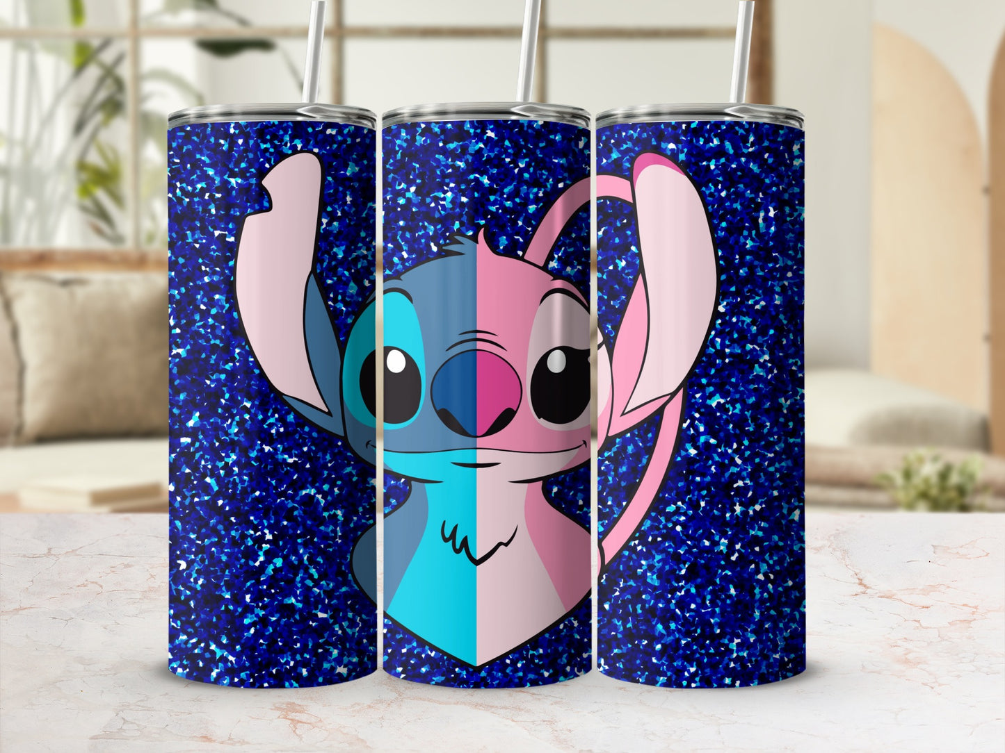Blue Glitter Tumbler With Cute Cartoon Character Design