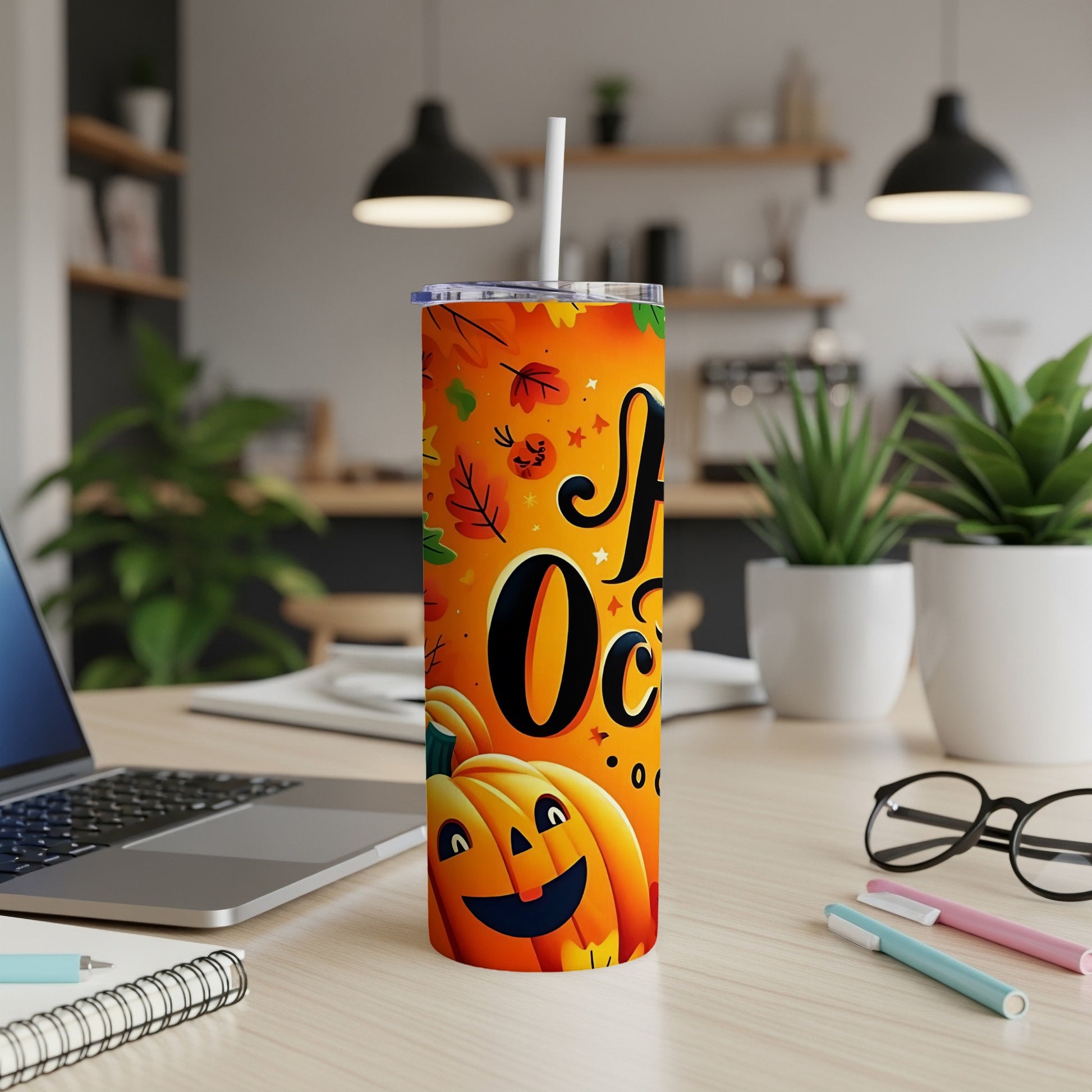 Orange tumbler with pumpkins, autumn leaves, and "All October" text.