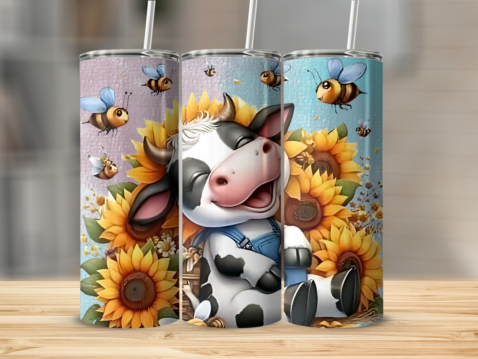 Cute Cow with Bees and Sunflowers Tumbler Cup Design