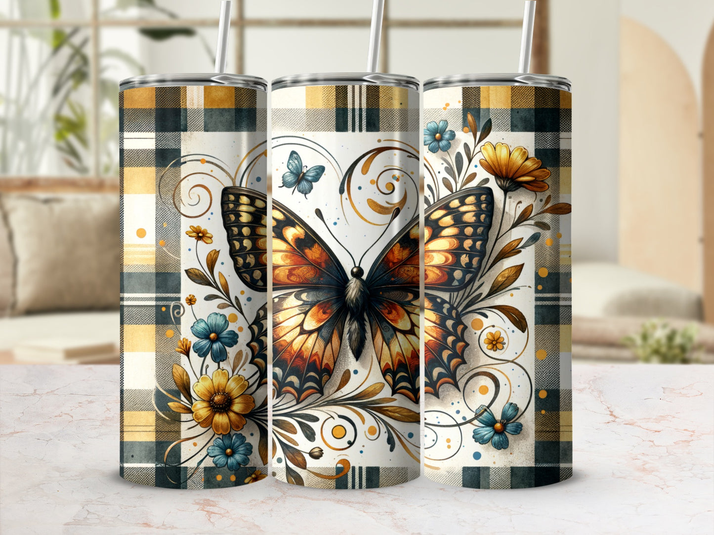 Tapestry pattern tumbler with a monarch butterfly and floral accents.