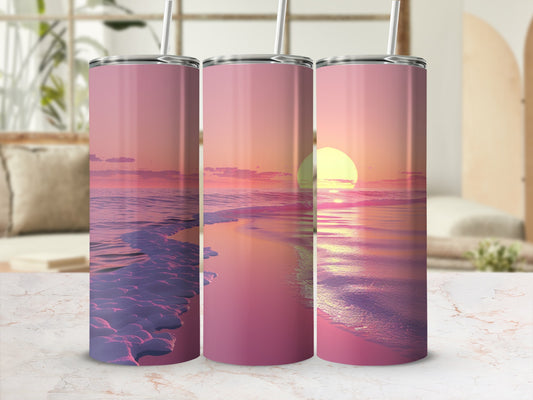 Three tumblers with a sunset beach scene, water, and sand.