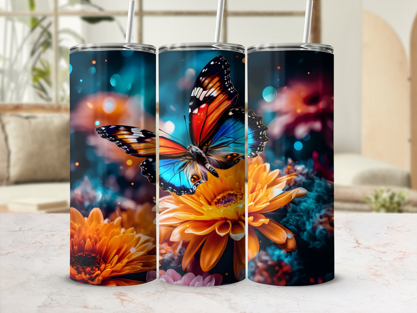 Butterfly on orange flower, detailed design on a tumbler.