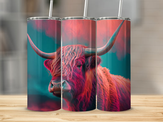 Highland cow with long horns against a colorful, abstract background.