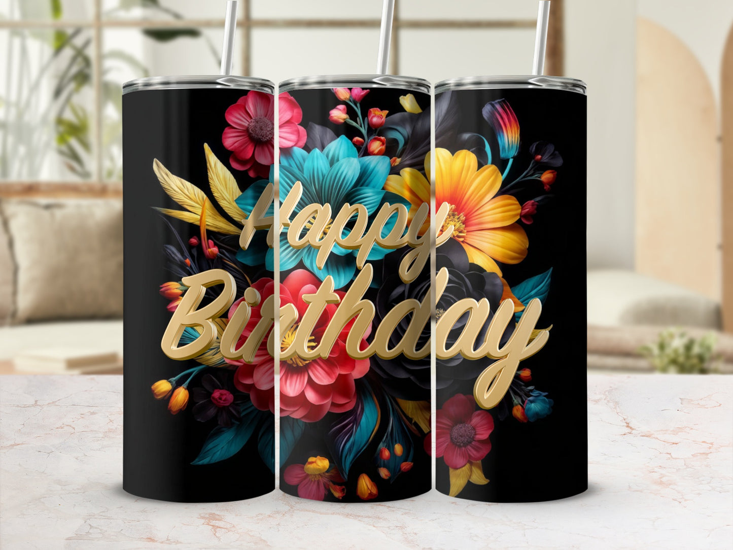 Black tumbler with "Happy Birthday" and vibrant floral design.