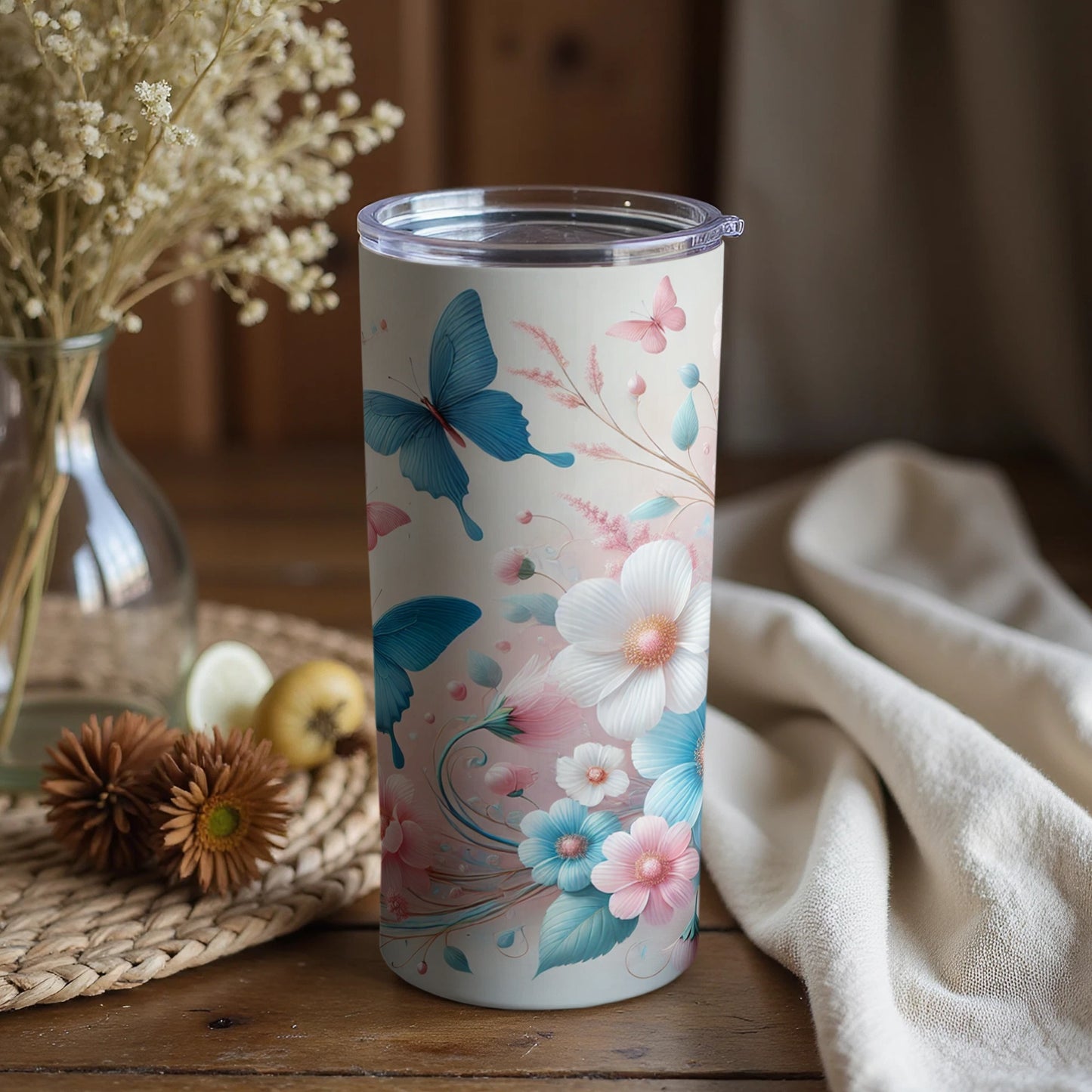Beautiful Floral and Butterfly Design Tumbler Cup