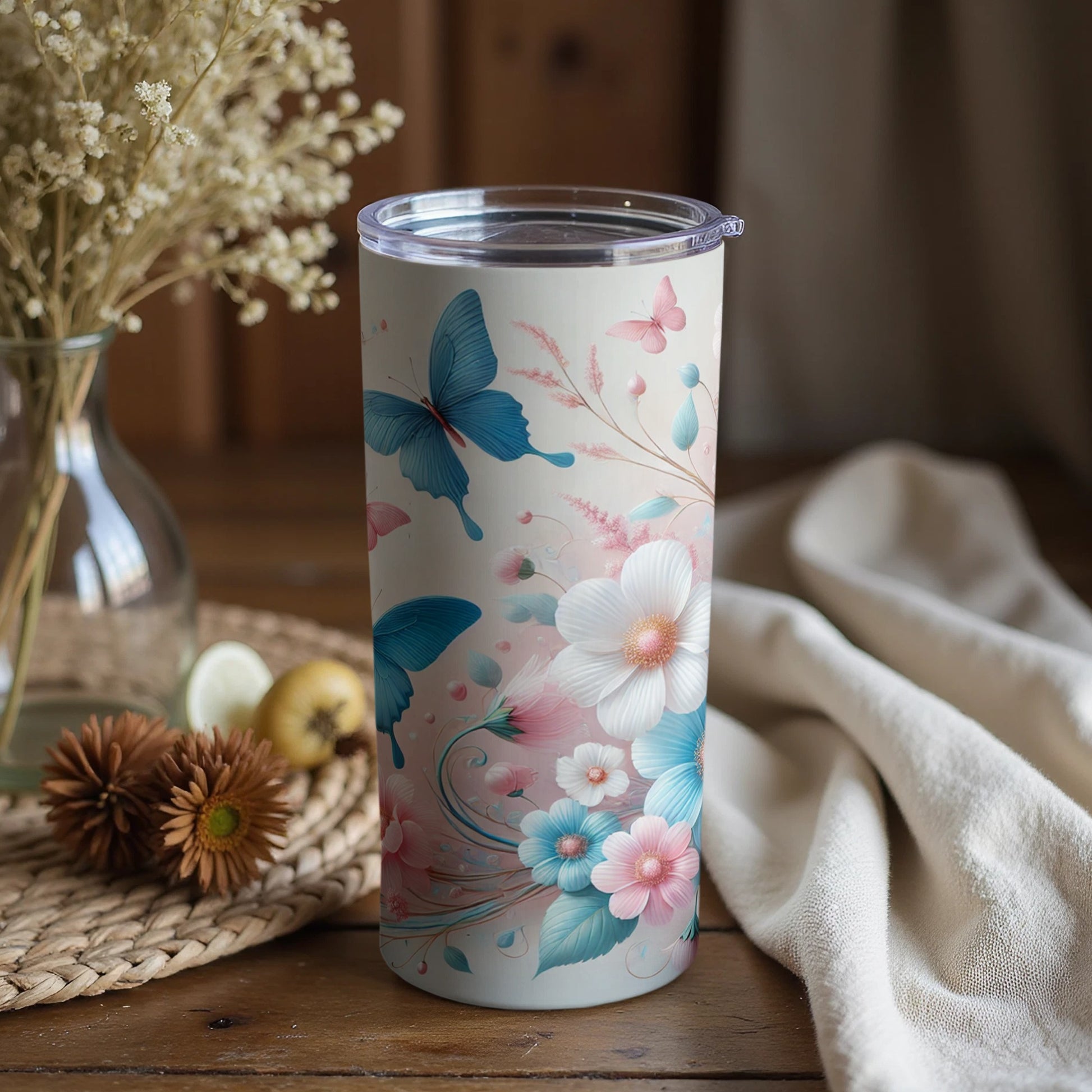 Beautiful Floral and Butterfly Design Tumbler Cup