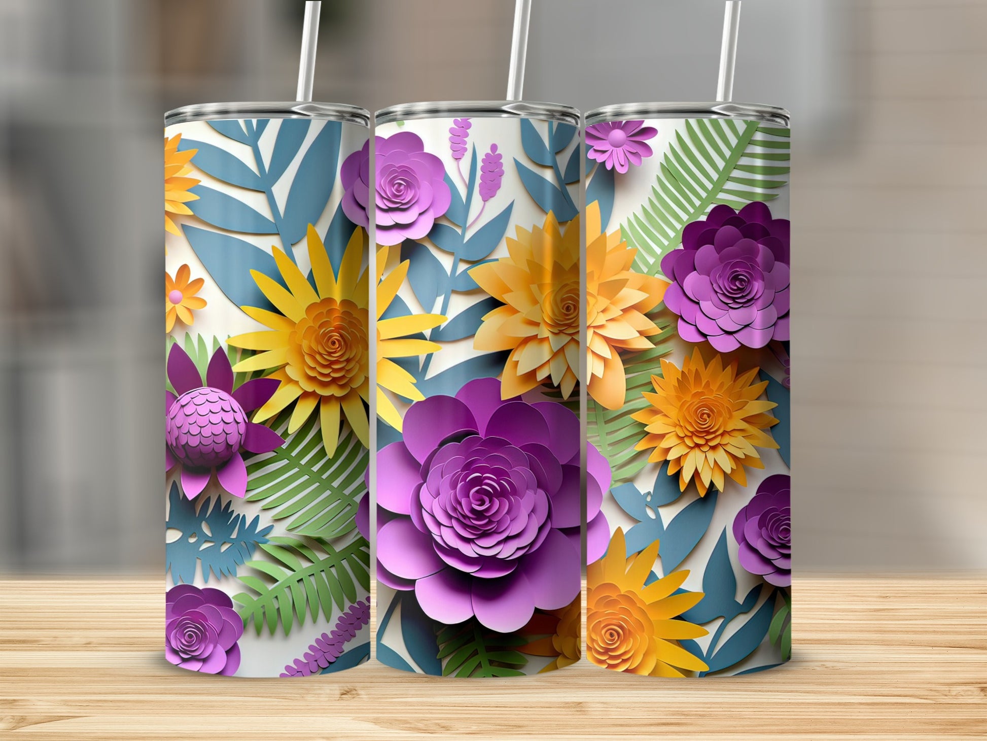 Colorful Floral Print Tumbler with Straw and Flower Design
