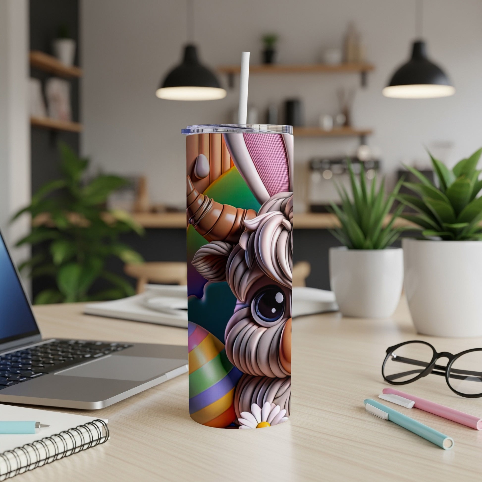 Easter bunny themed tumbler with colorful egg and cow accents.
