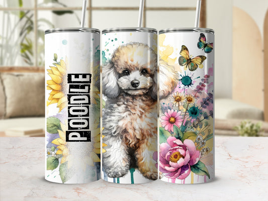 Poodle tumbler with floral and butterfly accents.