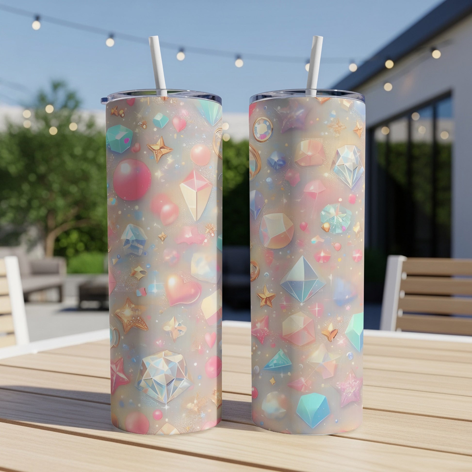 Two pastel-colored tumblers with iridescent gem and star pattern.