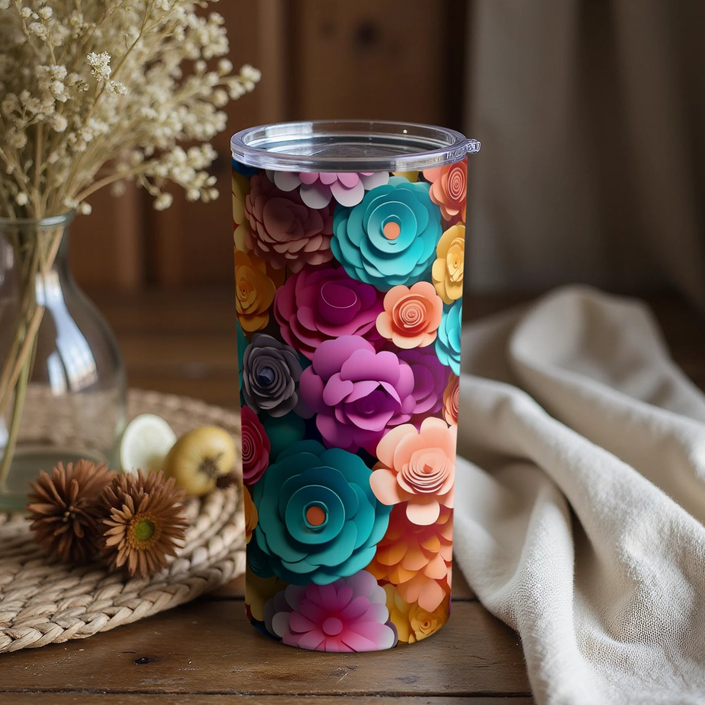 Colorful Floral Patterned Insulated Tumbler Cup