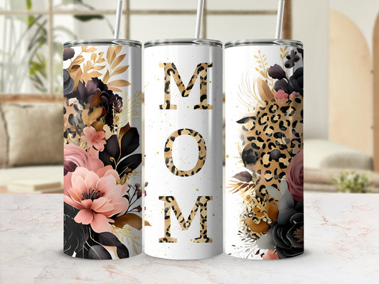 "Mom" text on a tumbler with floral and leopard print.