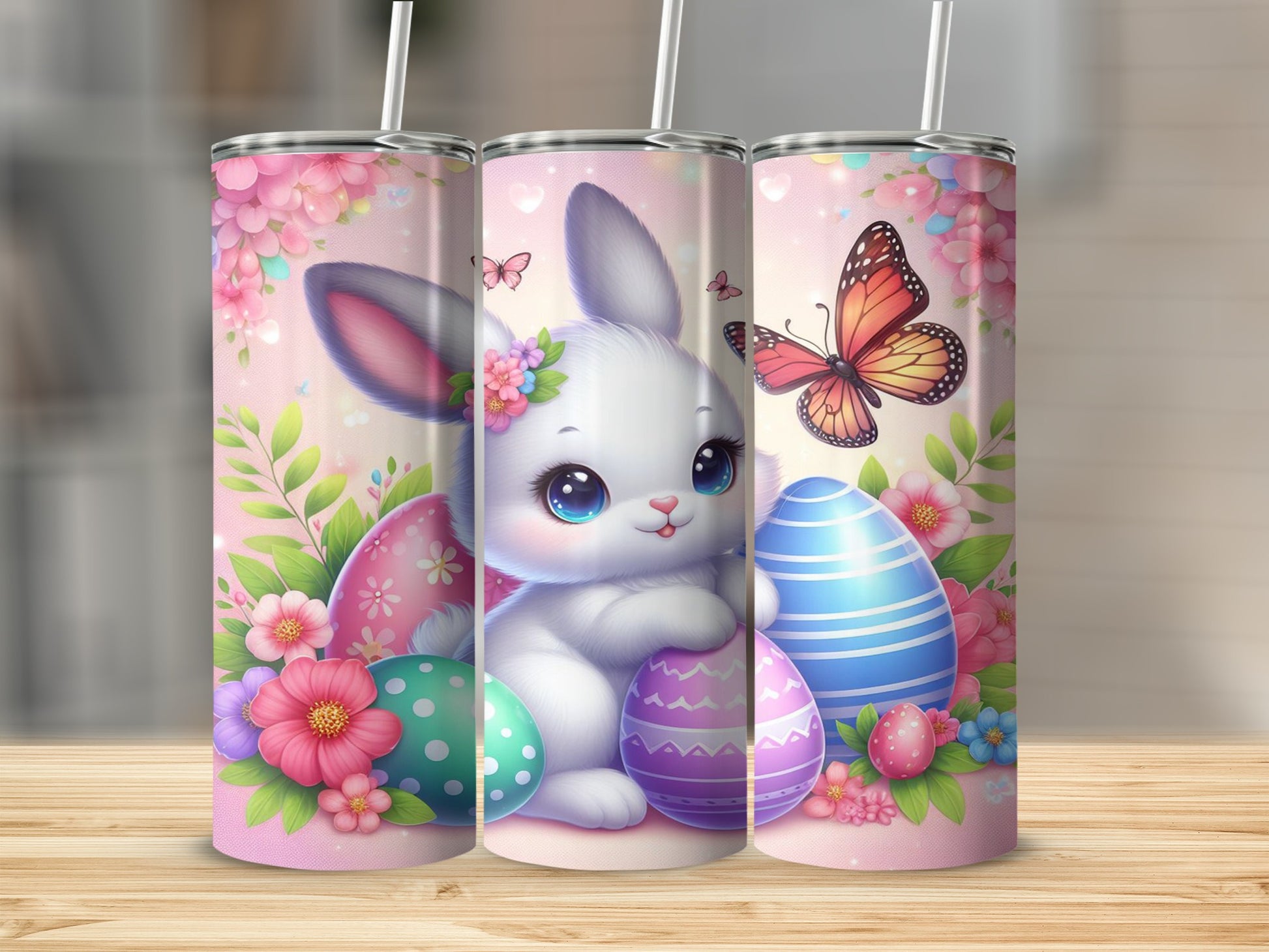 Cute white bunny with butterfly and Easter eggs on a pink floral background.