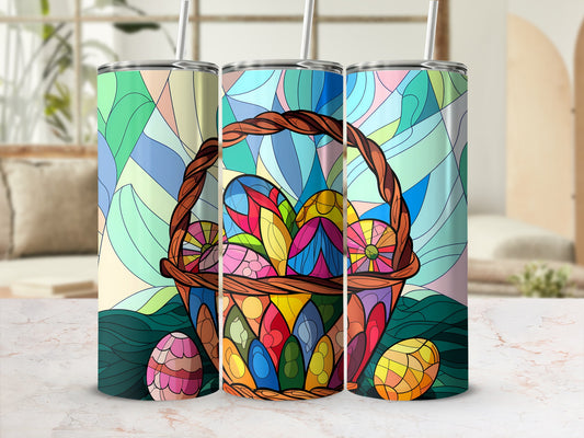 Easter basket with colorful eggs against a stained-glass background.
