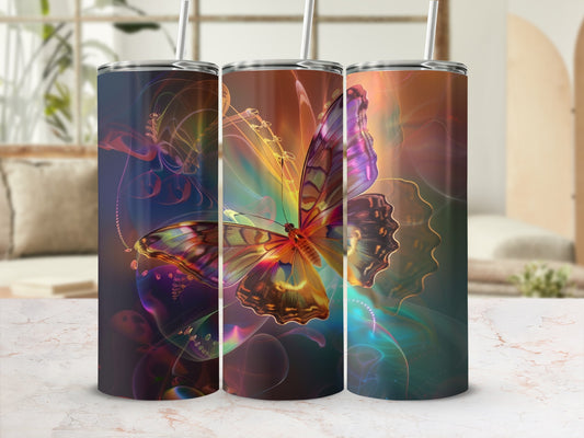Tumbler with vibrant butterfly and abstract, glowing designs.