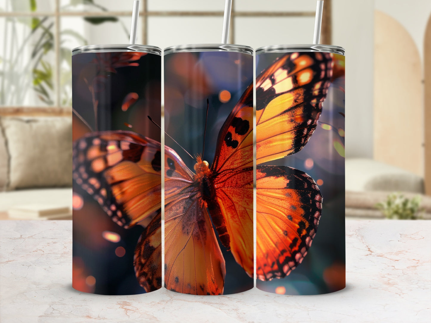 Three tumblers with close-up orange monarch butterfly wings and bokeh background.