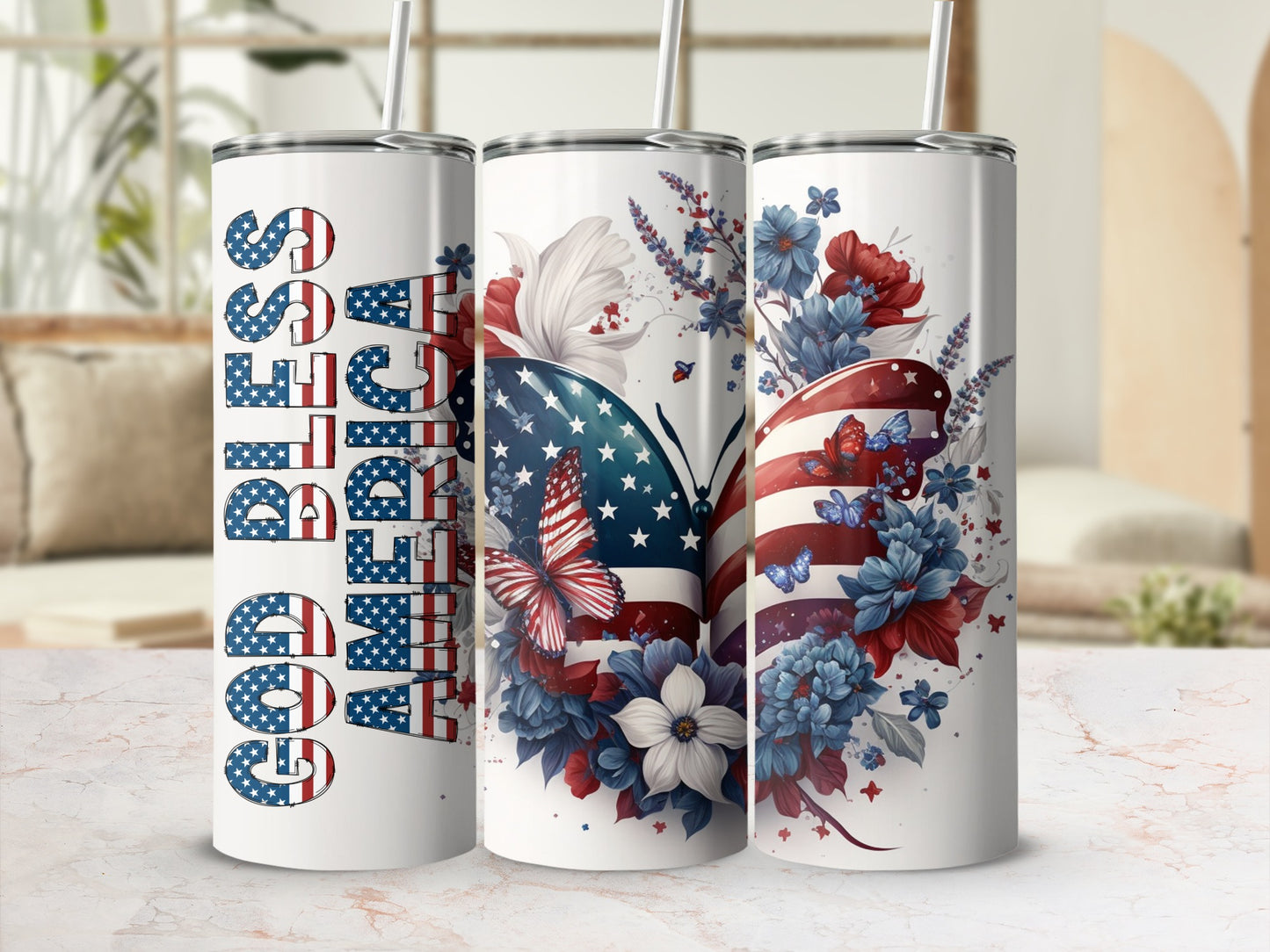 God Bless America tumbler with butterfly and floral American flag design.