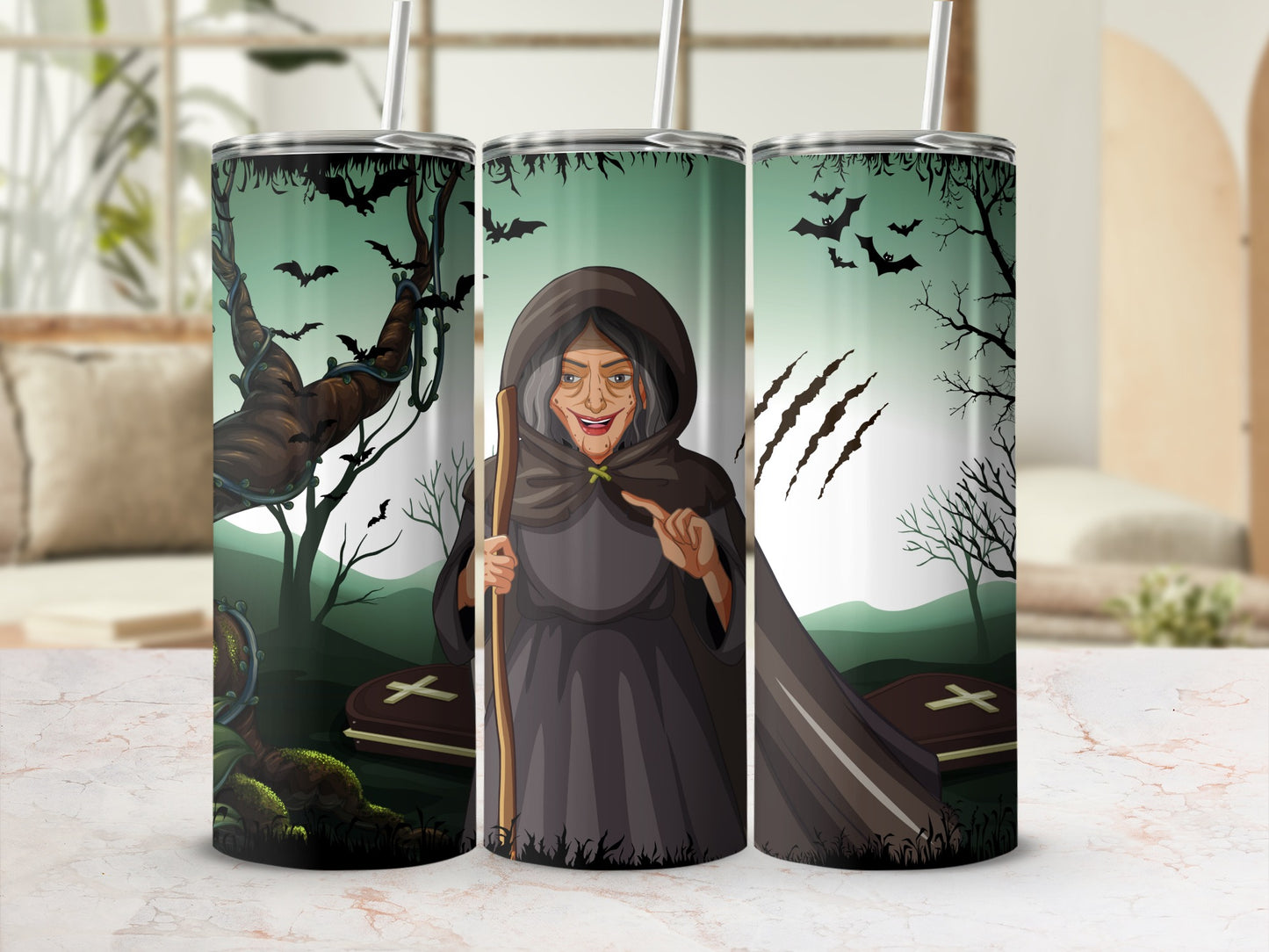Spooky Witch and Bats Themed Tumbler With Straw