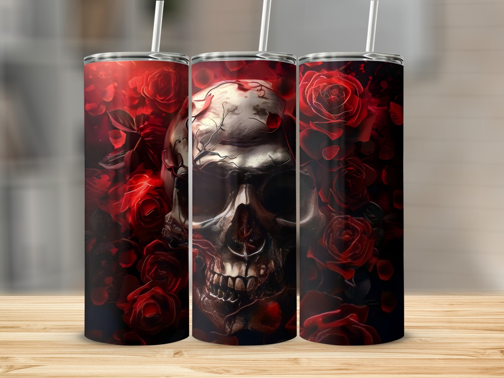 Three tumblers with a skull and red roses design.