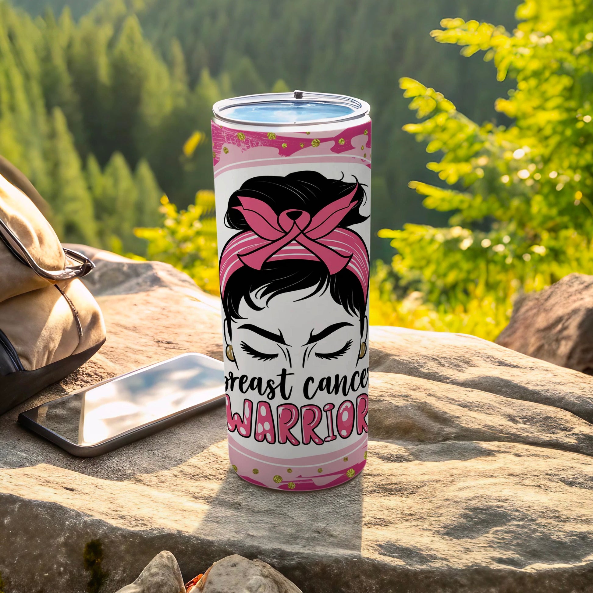 Pink breast cancer warrior tumbler with a woman's face and bandana.