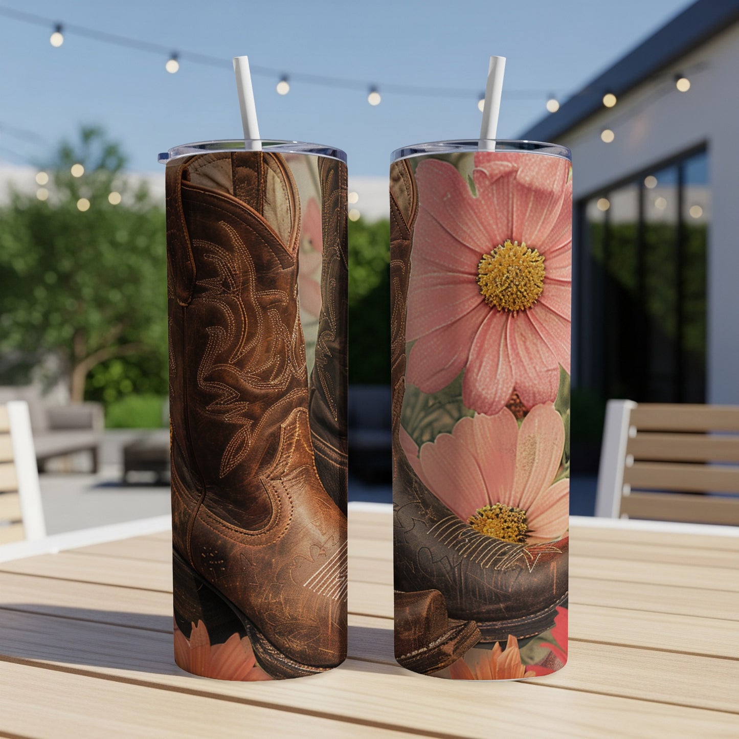 Cowboy boots and pink flowers on a tumbler with a straw.