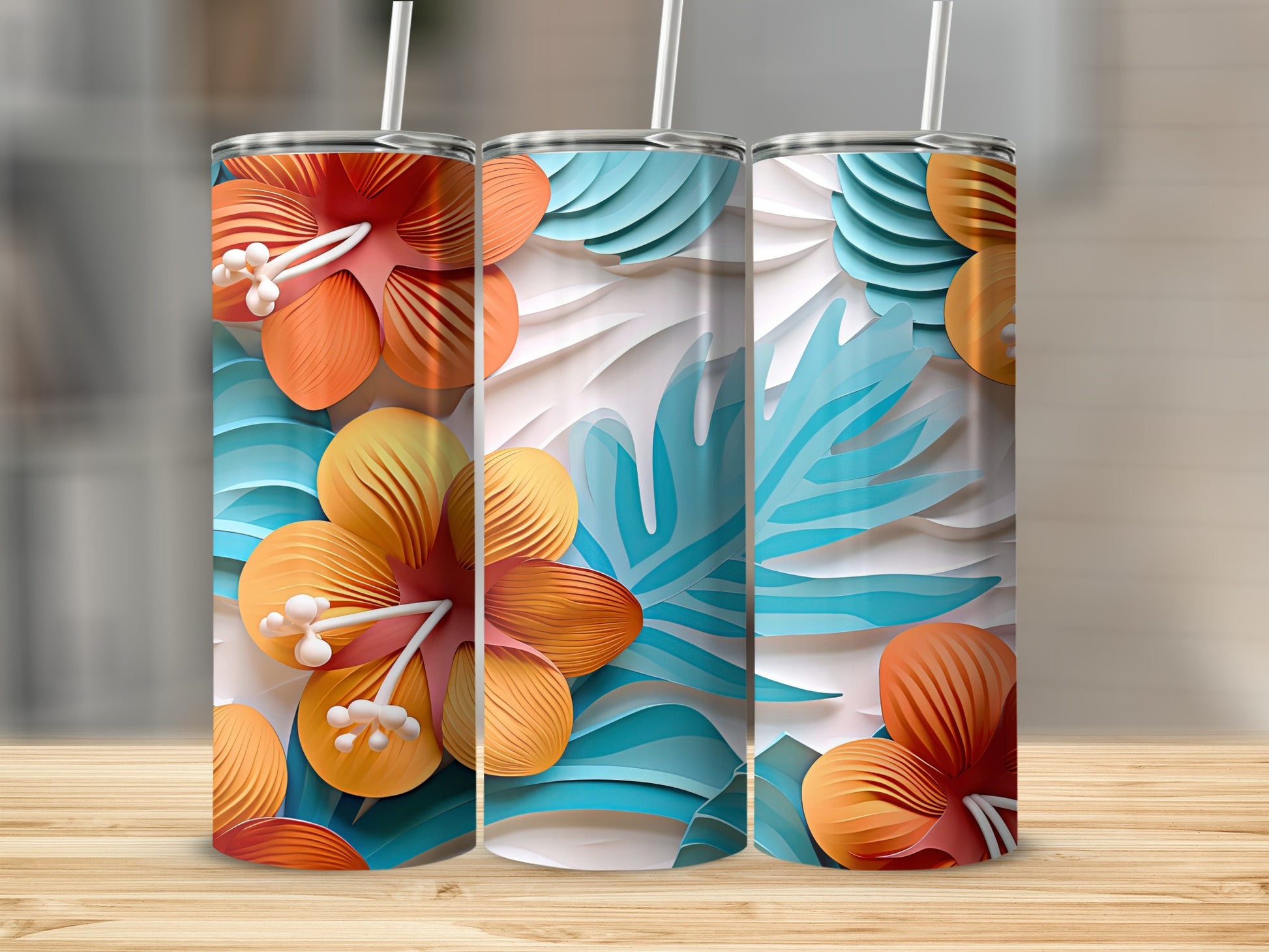 Tropical Floral Design Insulated Tumbler with Straw