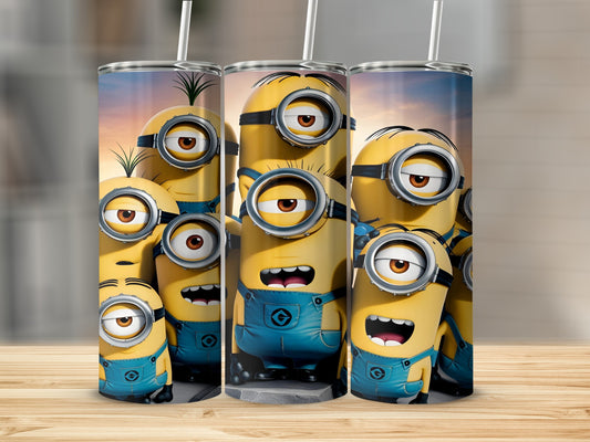 Group of Minions with smiling faces and goggles on a cylindrical tumbler.
