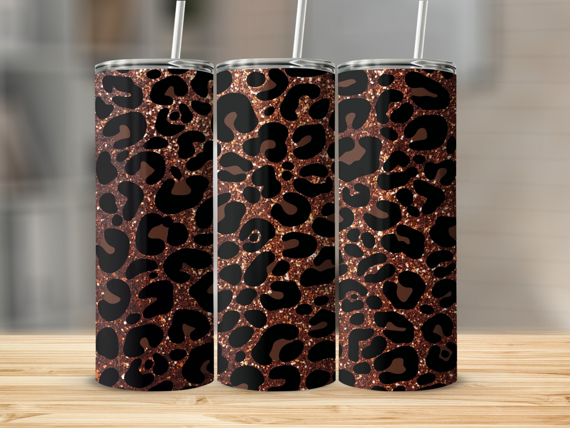 Glittery Leopard Print Tumbler with Straw Flask