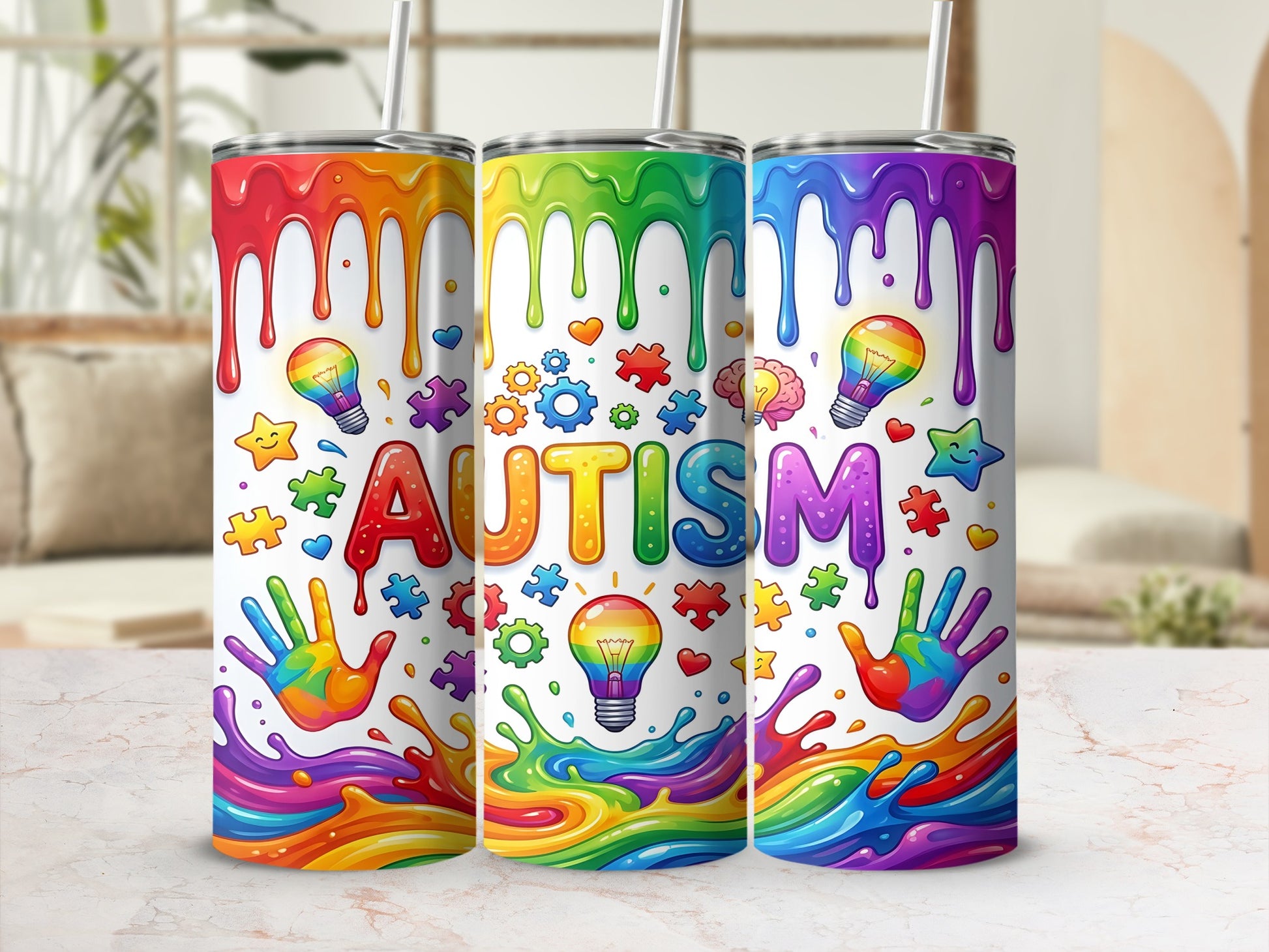 Rainbow "AUTISM" tumbler with handprints, lightbulbs, gears, and stars.