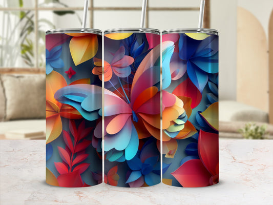 Tumbler with colorful abstract floral design and butterfly.