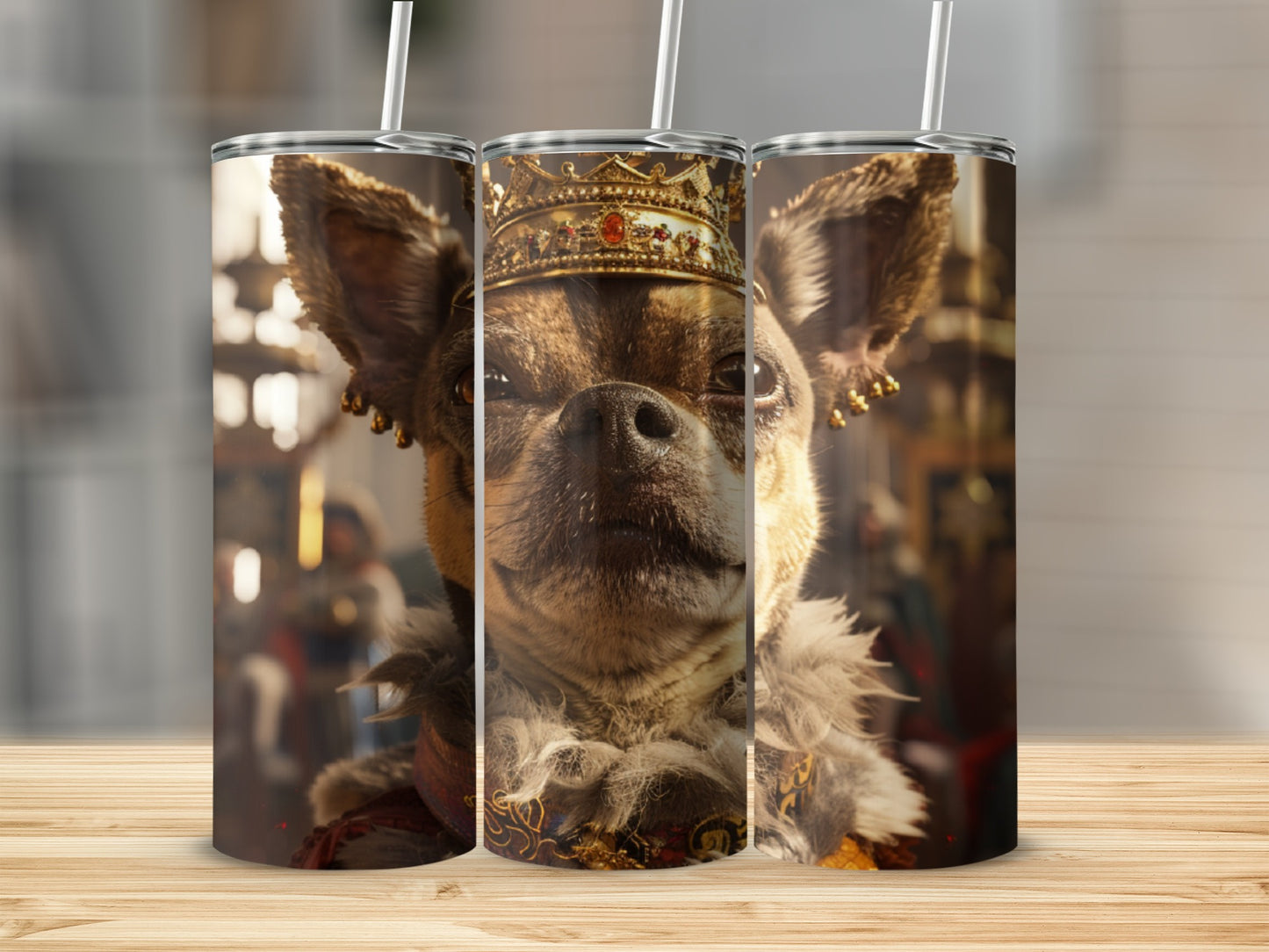 Chihuahua wearing a crown and ornate clothing, front view.