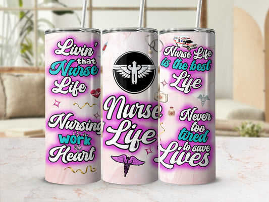 Tumbler with "Nurse Life" and medical imagery including a caduceus and ambulance.