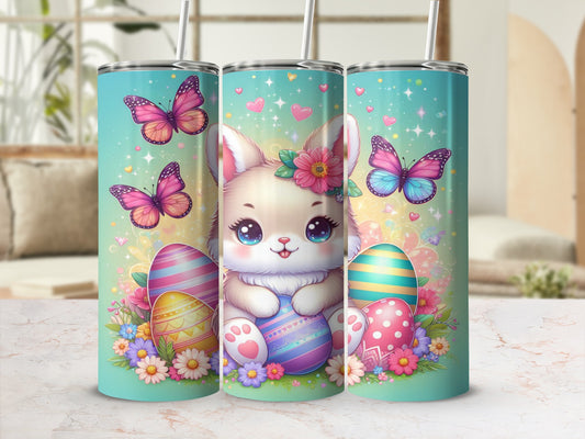 Easter bunny with colorful eggs and butterflies on a teal background.