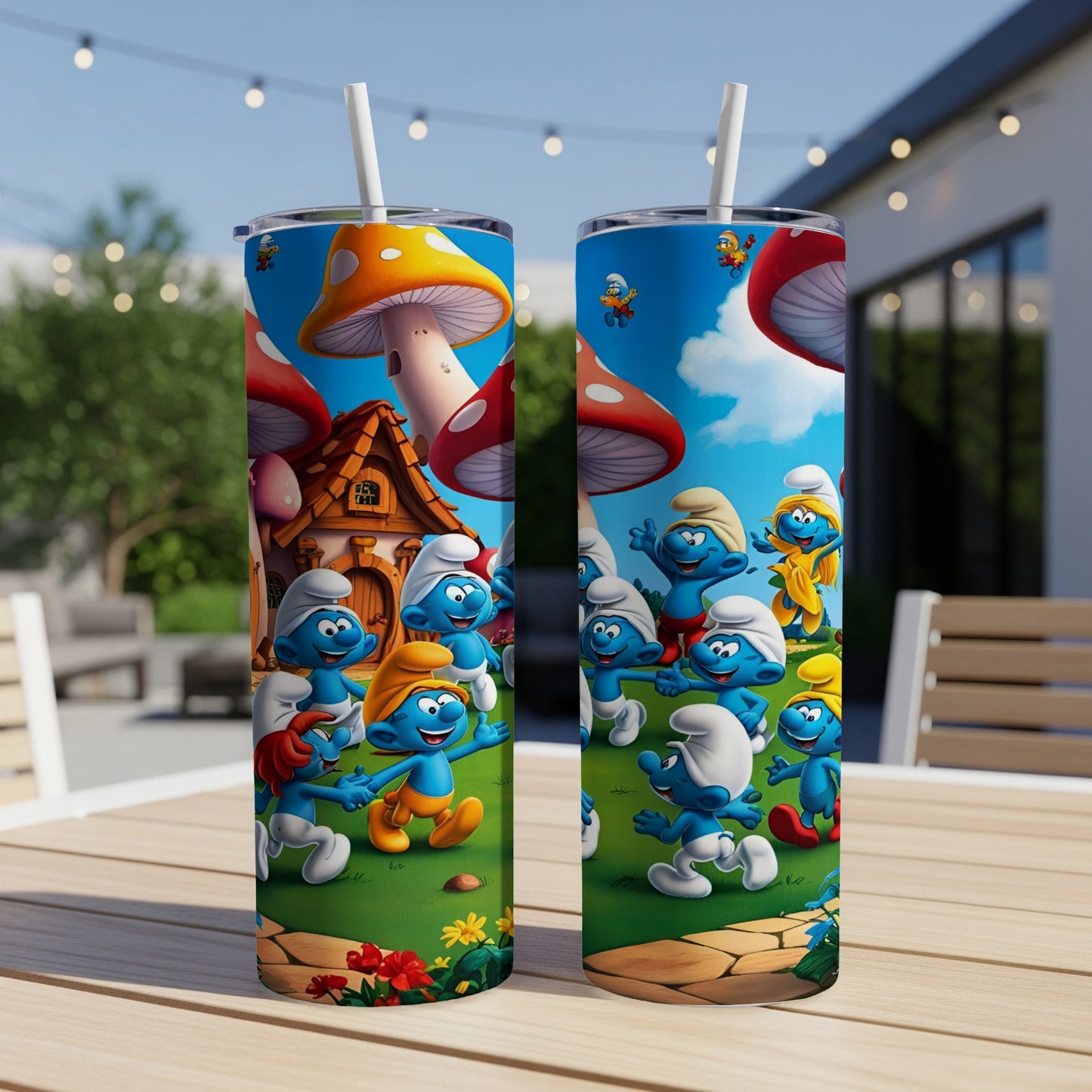 Smurfs playing on a mushroom house background.