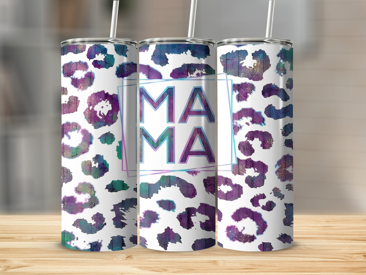 Mama tumbler with purple and blue leopard print on wooden surface.