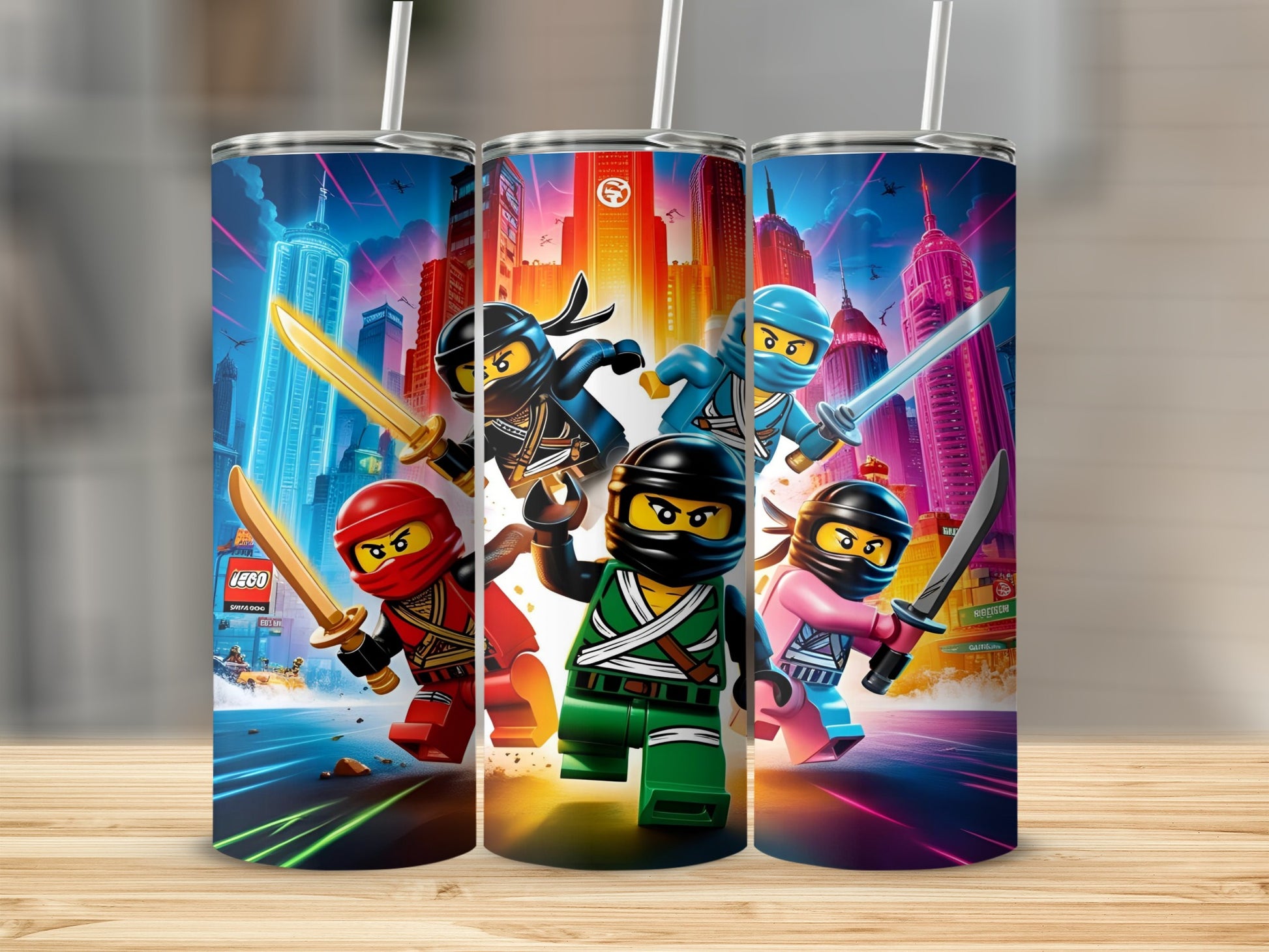 LEGO Ninjago characters with swords in a city landscape.