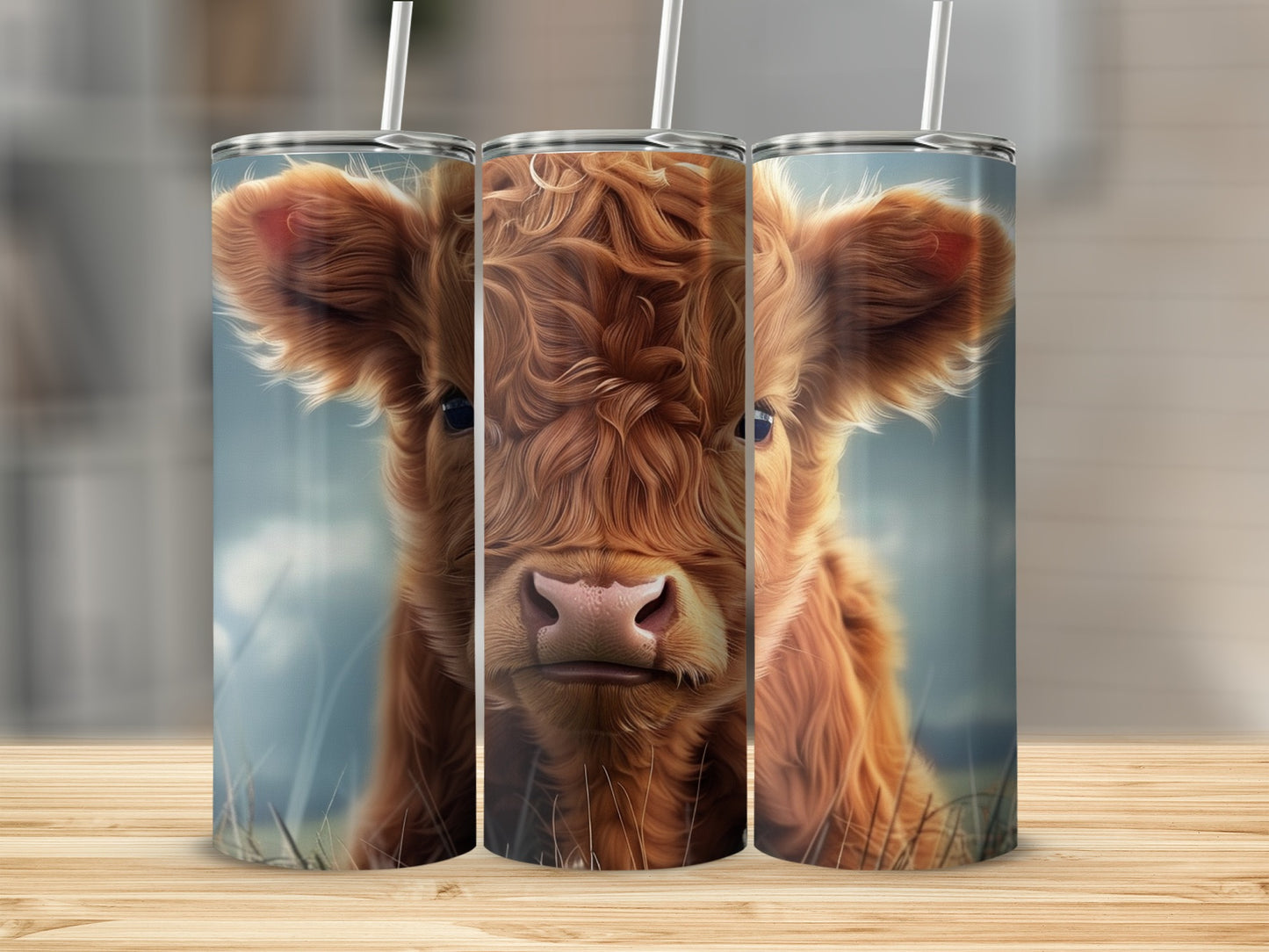 Fluffy Highland cow portrait on three tumblers with straws.