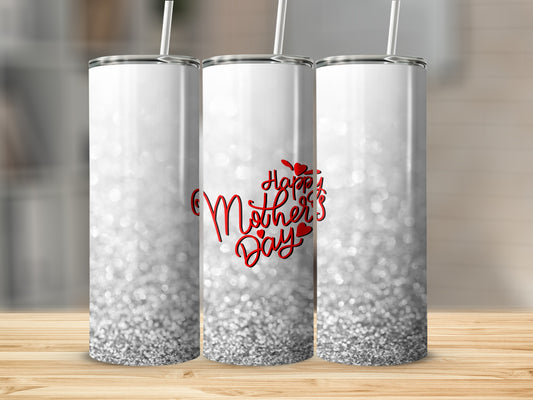 Three white tumblers with "Happy Mother's Day" text and glitter design.