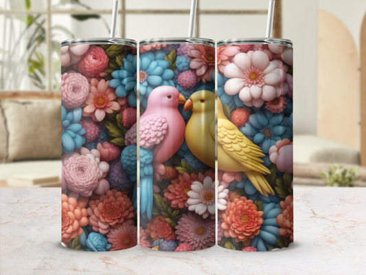 Pink and yellow birds among a floral background.