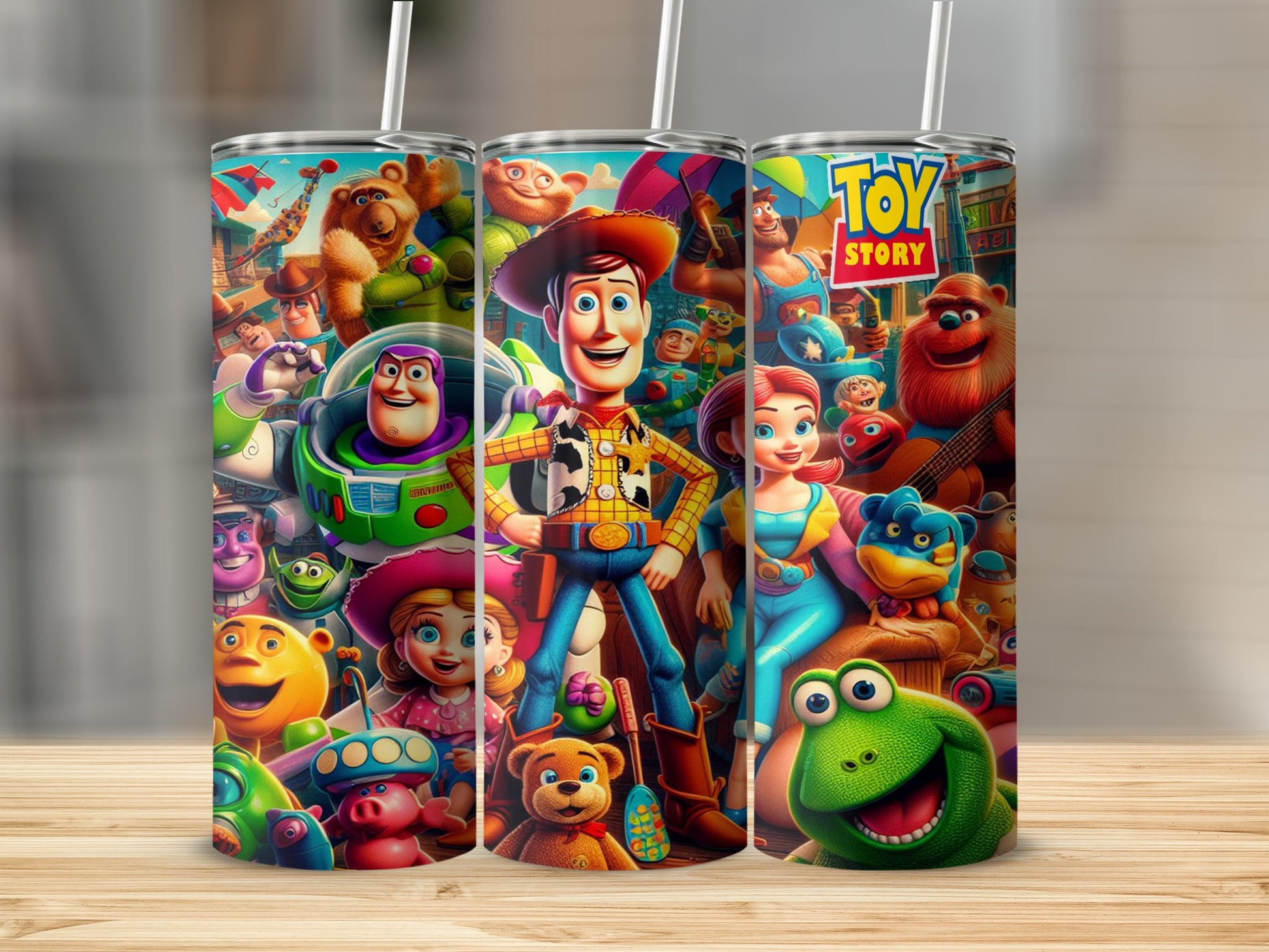 Woody, Buzz Lightyear, and friends from Toy Story on a colorful tumbler.
