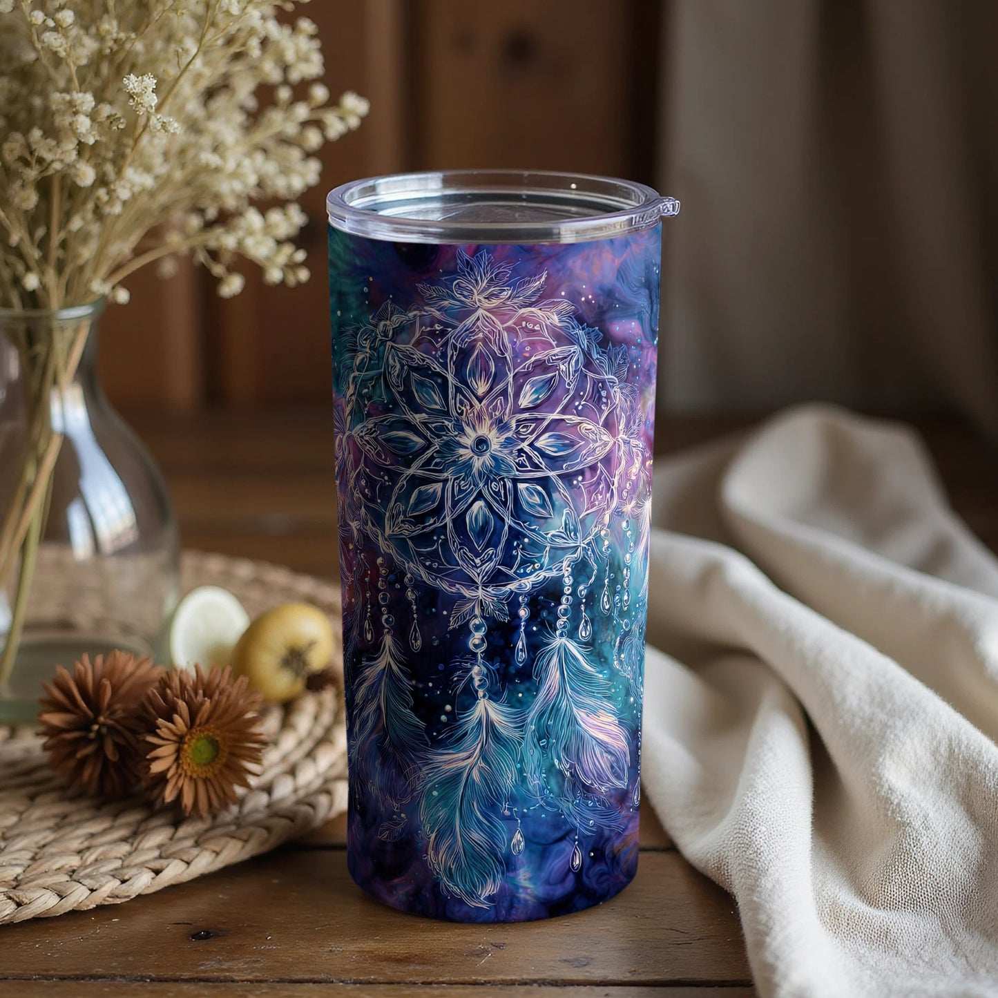 Dreamy Celestial Feather Design Beverage Tumbler