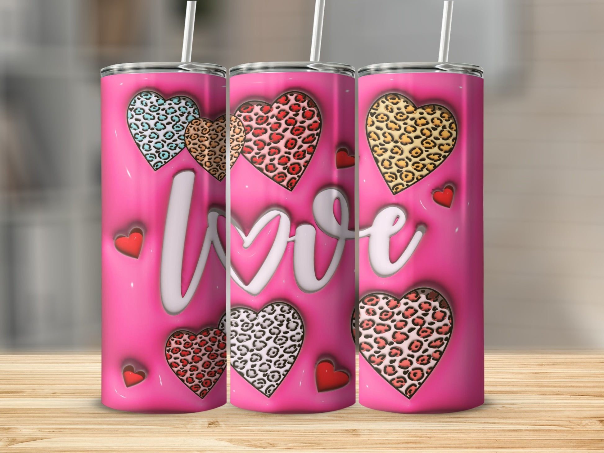 Pink Love Heart Design Leopard Print Tumbler