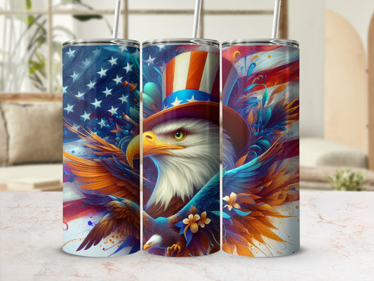 American eagle with patriotic hat and flag design on three tumblers.