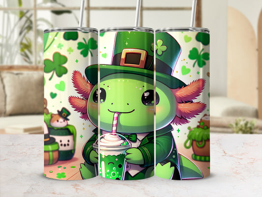 Green axolotl in a tuxedo drinks a green smoothie, shamrock pattern.