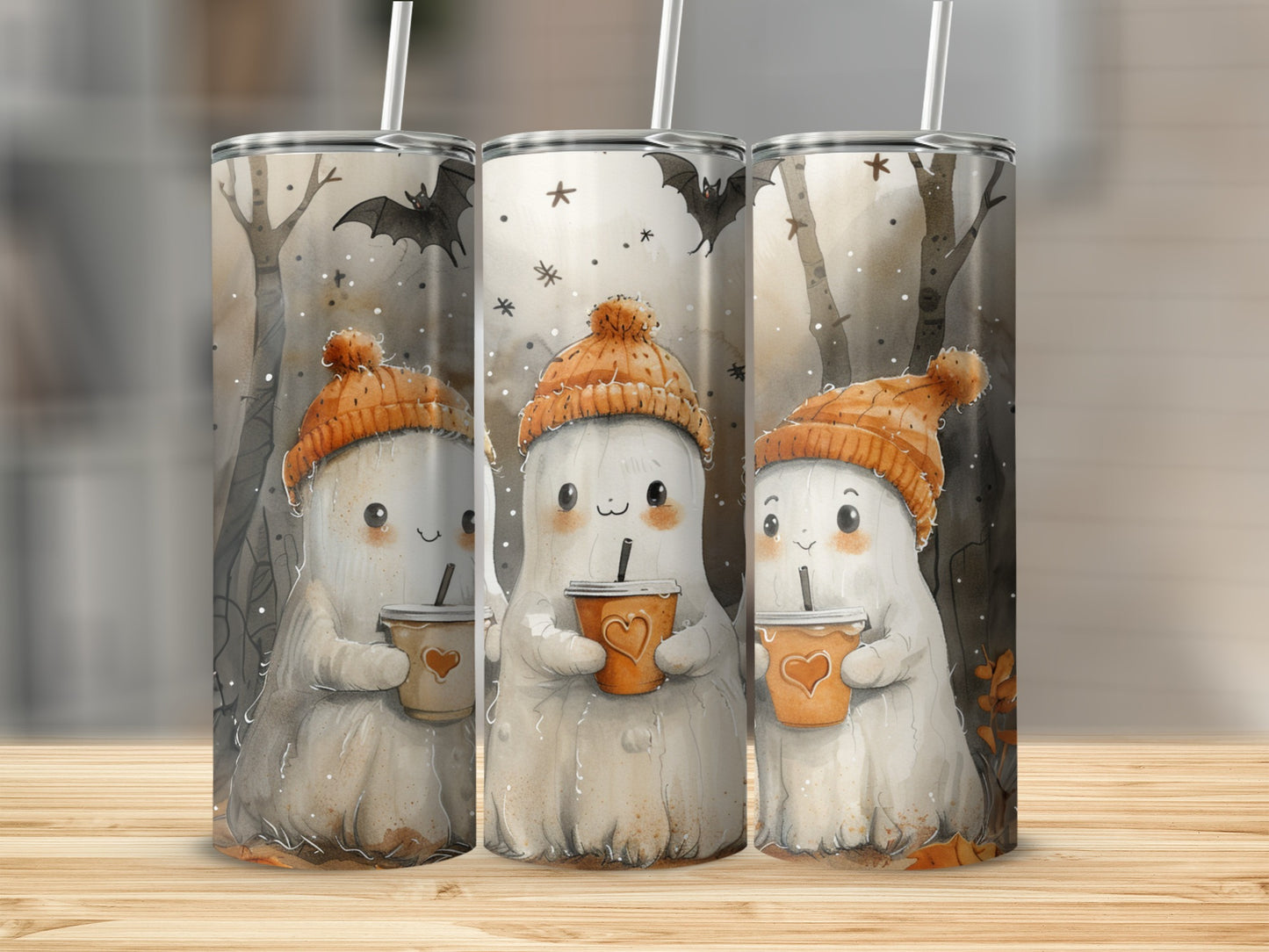 Three cute ghosts in orange hats hold coffee cups against a spooky forest background with bats.